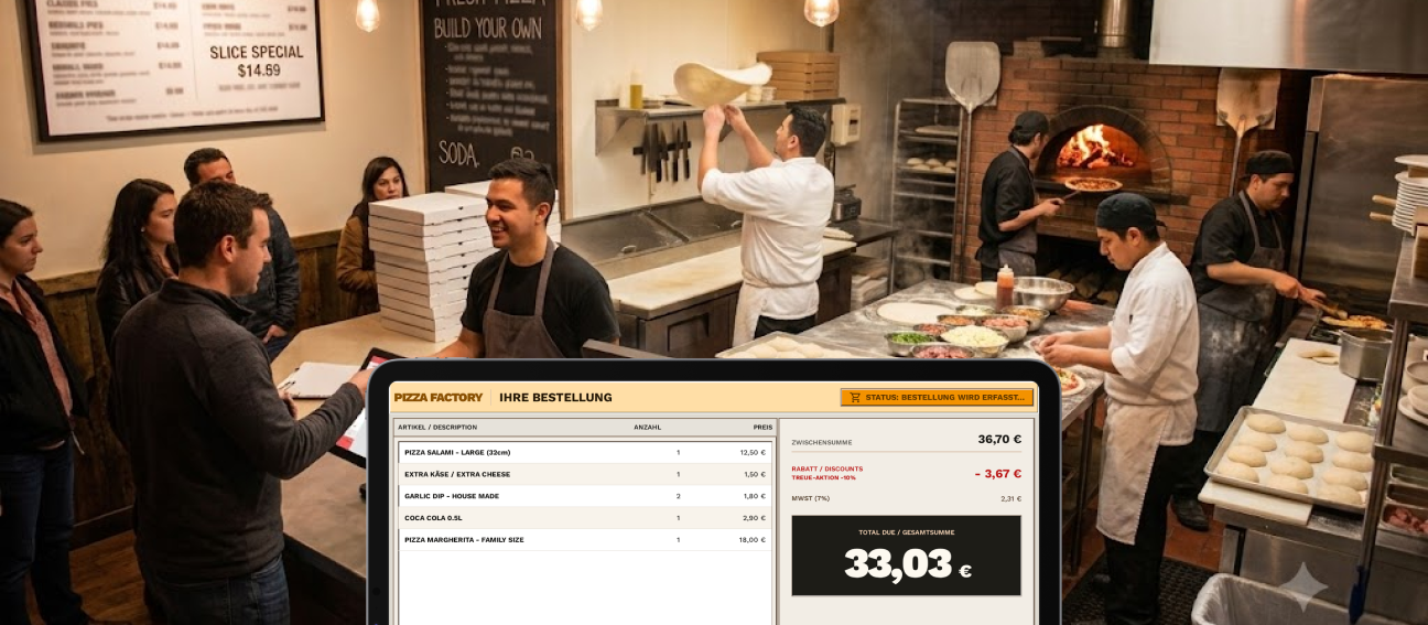 Pizza Factory POS - customer order confirmation screen