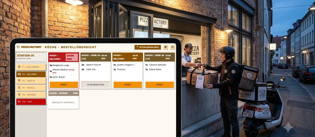 Pizza Factory POS - kitchen and delivery dispatch view