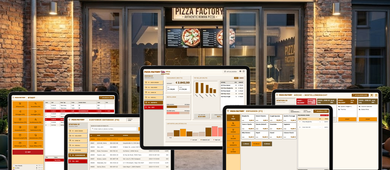 Pizza Factory POS - storefront and multi-station overview